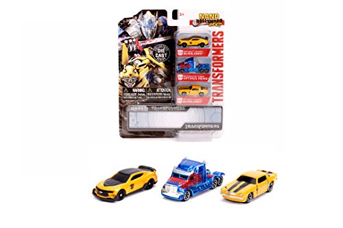 Jada Toys Transformers 253111000 - Juego de 3 Coches de Juguete Nano Bumblebee, Optimus Prime, Rueda Libre, 4 cm, a Partir de 3 años, Multicolor