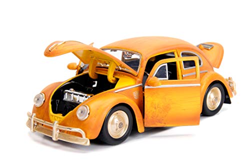 Jada Toys Transformers Bumblebee-Coche de Juguete Volkswagen Beetle, con Puertas abatibles, Maletero y capó, Incluye Figura Charlie a Escala 1:24, Color Amarillo, Naranja (253115000)