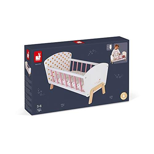 Janod - Cama Candy Chic - Cama de madera para bebés con colchón + manta + almohada - Colores suaves y brillantes - Accesorios para bebés - A partir de 3 años, J05889