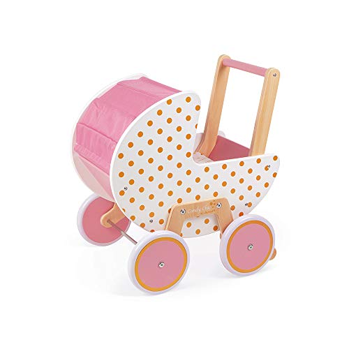 Janod - Cochecito de madera Candy Chic - Con almohada y manta - Ruedas de goma silenciosas - Sistema antivuelco desmontable - Accesorios para bebés - A partir de 18 meses, J05886