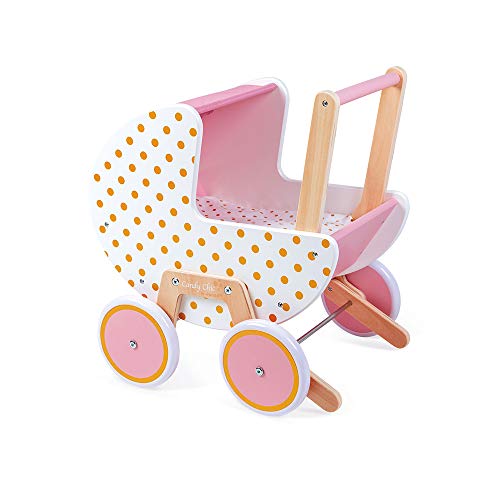 Janod - Cochecito de madera Candy Chic - Con almohada y manta - Ruedas de goma silenciosas - Sistema antivuelco desmontable - Accesorios para bebés - A partir de 18 meses, J05886