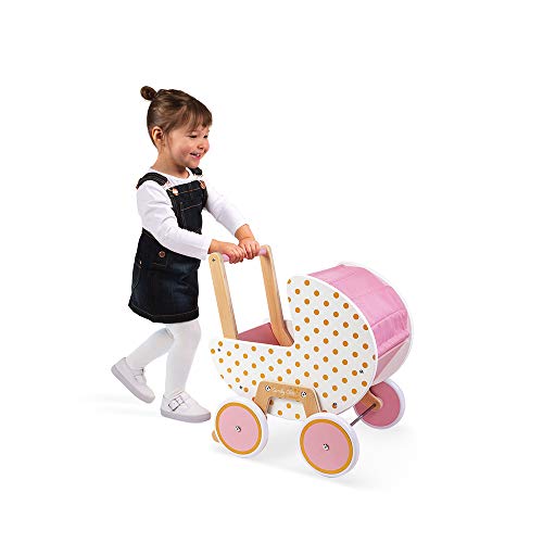 Janod - Cochecito de madera Candy Chic - Con almohada y manta - Ruedas de goma silenciosas - Sistema antivuelco desmontable - Accesorios para bebés - A partir de 18 meses, J05886