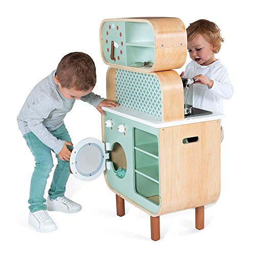 Janod - Cocina de doble cara- Cocina de madera para niños Recto-Verso - Cocina con luz y sonido - Con 7 accesorios - De 3 a 8 años, J06594