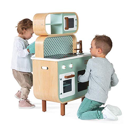 Janod - Cocina de doble cara- Cocina de madera para niños Recto-Verso - Cocina con luz y sonido - Con 7 accesorios - De 3 a 8 años, J06594