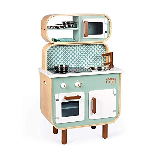 Janod - Cocina de doble cara- Cocina de madera para niños Recto-Verso - Cocina con luz y sonido - Con 7 accesorios - De 3 a 8 años, J06594