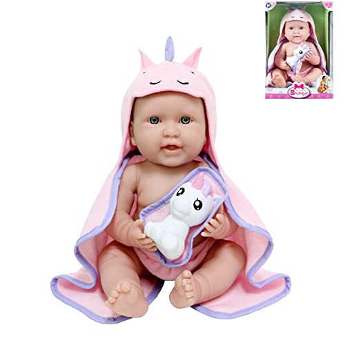 JC Toys, Muñeca La Newborn con Cuerpo de Goma. Toalla con Capucha. con Unicornio Mascota. NIÑA.