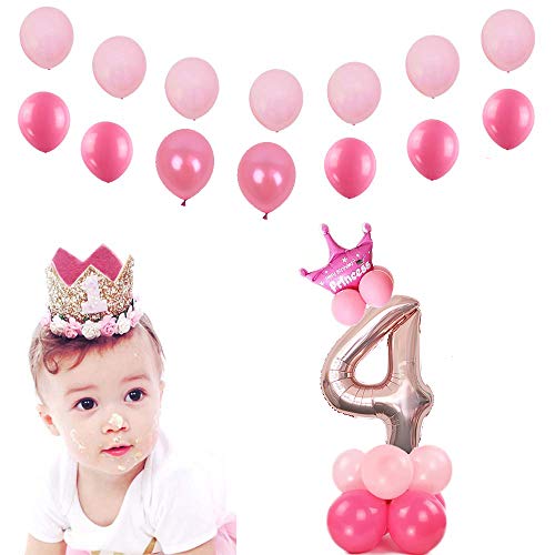 JinSu Decoracion Cumpleaños 4 Años para Niña, 13 PCS con Cumpleaños Globos Numero, Globos de Crown y Globos de Látex ( Rosa 4 )