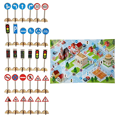 jojofuny 1 Set Kids Play Mat Road Signs Leader Toy City Playmat Barrera de Tráfico Signos de La Barrera de Tráfico Street Toy Barrera Barrera Juguete de Madera Signo de Carretera Signo de