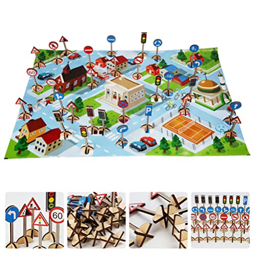 jojofuny 1 Set Kids Play Mat Road Signs Leader Toy City Playmat Barrera de Tráfico Signos de La Barrera de Tráfico Street Toy Barrera Barrera Juguete de Madera Signo de Carretera Signo de