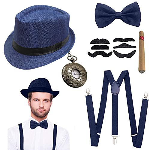 JORAKI Accesorios Hombre los Años 20 con Sombrero Gángster Tirante Pajarita Reloj de Bolsillo Bigote Falso,Disfraz de Hombre para Gángster Fiesta Bailes de Halloween (Navy)