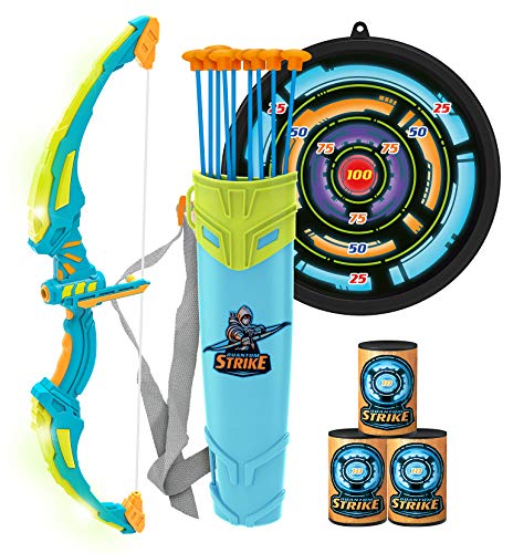 JOYIN Set de Juguete de Arco y Flecha Verde con Luces LED Intermitentes para niños, Juego de Tiro con Arco Iluminado, 9 Flechas con ventosas, dianas y carcaj