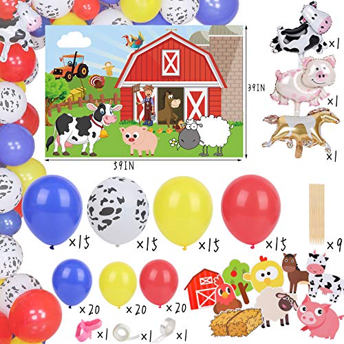 Juego de 248 piezas de suministros de fiesta de animales de granja, globos de fiesta de cumpleaños, telón de fondo, platos, vasos, servilletas, cubiertos para niños, accesorio de fotos