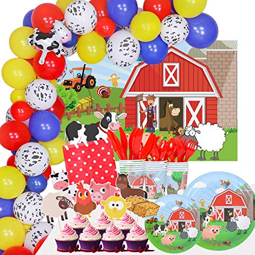 Juego de 248 piezas de suministros de fiesta de animales de granja, globos de fiesta de cumpleaños, telón de fondo, platos, vasos, servilletas, cubiertos para niños, accesorio de fotos