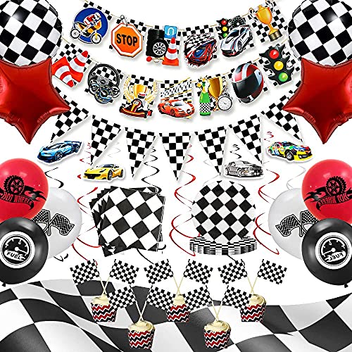 Juego de 97 piezas de suministros de fiesta de cumpleaños para coche de carreras y rallye para decoración de fiesta de cumpleaños para niño incluido Banner Globos de mesa, tazas de servilletas