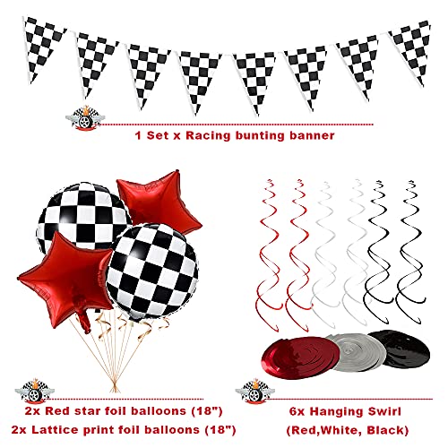 Juego de 97 piezas de suministros de fiesta de cumpleaños para coche de carreras y rallye para decoración de fiesta de cumpleaños para niño incluido Banner Globos de mesa, tazas de servilletas