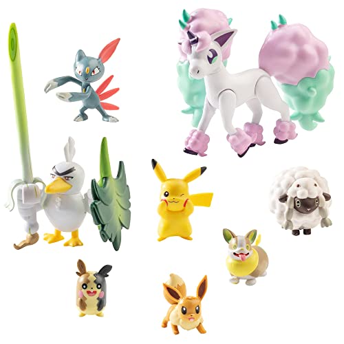 Juego de juguetes de Pokémon Battle Figure Multi Pack de 8 piezas, generación 8, incluye Pikachu, Eevee, Wooloo, Sneasel, Yamper, Ponyta, Sirfetch'd y Morpeko a partir de 4 años