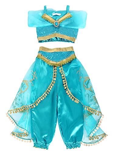 Jurebecia Disfraz de Princesa para Niña Jasmine Vestidos de Fiesta Top con Lentejuelas Conjunto de Pantalones Niña Sling Tops Pantalones Largos Trajes de Borla de Tul Cosplay Verde