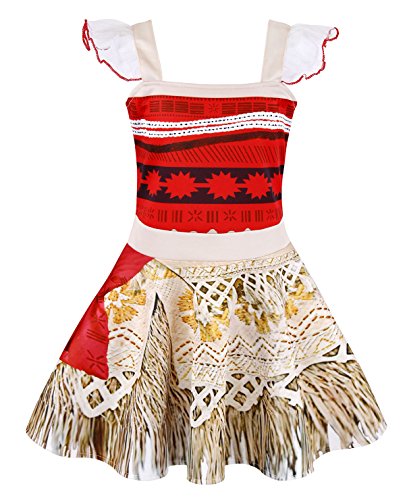 Jurebecia Vestido Moana para niños Conjuntos de Aventura Conjunto para niñas Vestidos de Princesa y Diademas Adjuntas Ropa para niños con Tiras y Collar Impreso Fiesta de cumpleaños de Halloween