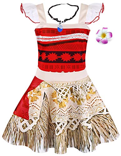 Jurebecia Vestido Moana para niños Conjuntos de Aventura Conjunto para niñas Vestidos de Princesa y Diademas Adjuntas Ropa para niños con Tiras y Collar Impreso Fiesta de cumpleaños de Halloween