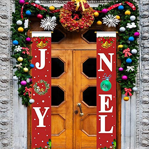 KATOOM Cartel de Navidad para Porche 2PCS Porche de Joy Noel, Bandera Roja de Navidad Bienvenida/Entrada Colgante Exterior de Casa/Pasillo/Puerta de Pared/Fiesta/Chimenea de Pared