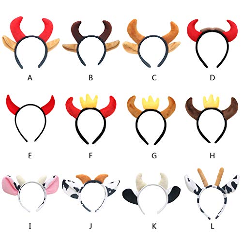 kdjsic Divertida diadema de peluche con diseño de buey de vaca y cuerno de diablo y dibujos animados para el pelo de animales, maquillaje, vacaciones, cosplay, fiesta, bandana