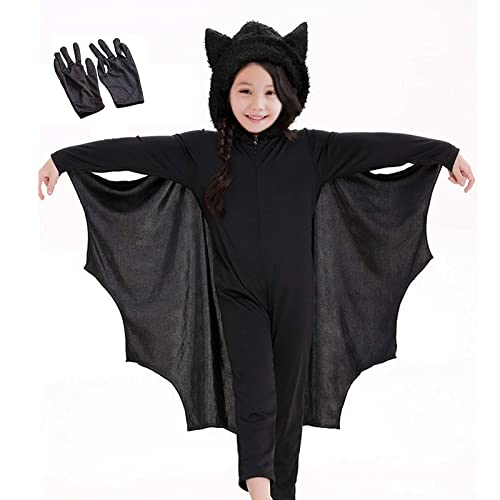 KEEPAA Traje de Disfraz de Murciélago de Carnaval con Capucha con Guantes para disfraz de cosplay Vampirina para niñas niños (XL 140-155cm)