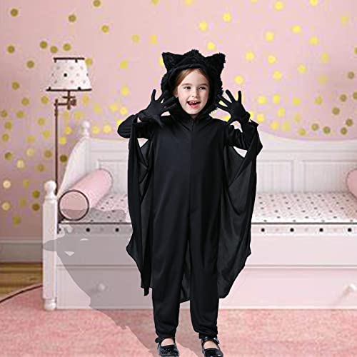 KEEPAA Traje de Disfraz de Murciélago de Carnaval con Capucha con Guantes para disfraz de cosplay Vampirina para niñas niños (XL 140-155cm)