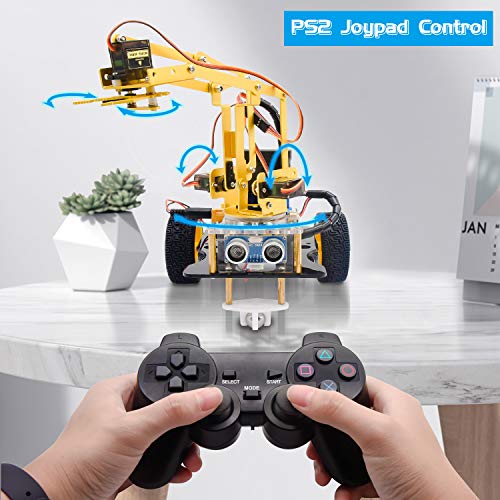 KEYESTUDIO Robot Arm Kit Multi-Functional with Ultrasonic Sensor, Line Tracking Sensor, Bluetooth Module, Intelligent and Stem Education for Arduino IDE