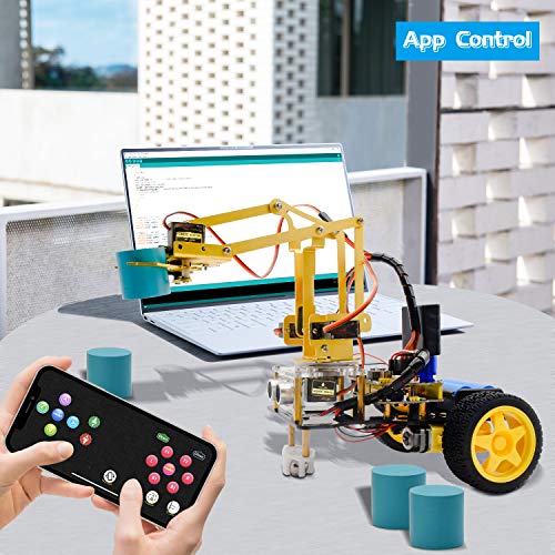 KEYESTUDIO Robot Arm Kit Multi-Functional with Ultrasonic Sensor, Line Tracking Sensor, Bluetooth Module, Intelligent and Stem Education for Arduino IDE