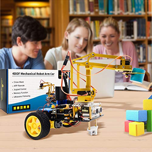 KEYESTUDIO Robot Arm Kit Multi-Functional with Ultrasonic Sensor, Line Tracking Sensor, Bluetooth Module, Intelligent and Stem Education for Arduino IDE