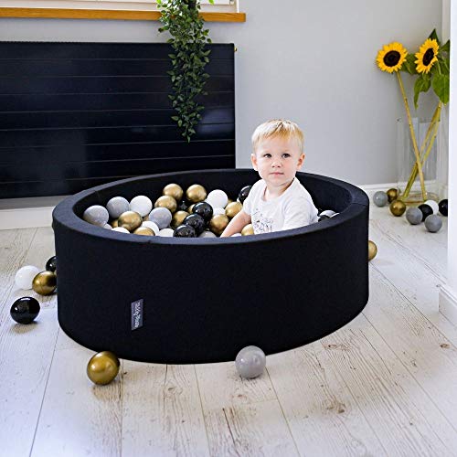 KiddyMoon 90X30cm/200 Bolas ∅ 7Cm Piscina De Bolas para Ninos Hecha En La UE, Negro:Blanco/Gris/Negro/Oro