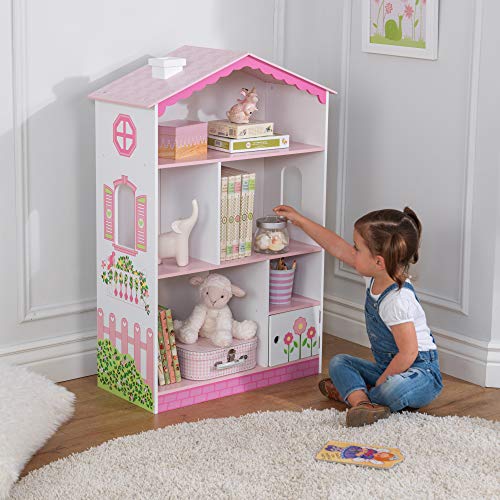 KidKraft- Dolls House Cottage Estantería de madera con diseño de casa de muñecas, mueble expositor para dormitorio de niños, estantería con espacio para almacenamiento (14604)