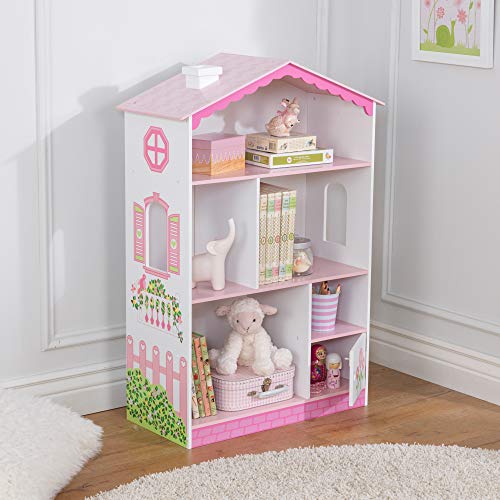 KidKraft- Dolls House Cottage Estantería de madera con diseño de casa de muñecas, mueble expositor para dormitorio de niños, estantería con espacio para almacenamiento (14604)