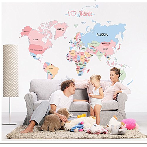 KIIC Carta Mapa del mundo para niños Calcomanías de pared Pegatinas de pared Pelar y pegar Pegatinas de pared removibles para los niños Cuarto de estar Dormitorio Sala de estar