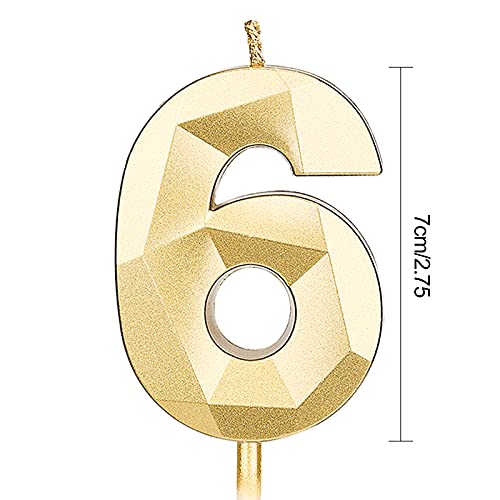 KINBOM 7cm Velas de Cumpleaños con Números Grandes, Forma de Diamante 3D Velas Cumpleaños Numeros Decoración para Tartas para Bodas Aniversarios Fiestas de Graduación Número 6(Oro)