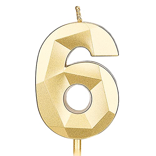 KINBOM 7cm Velas de Cumpleaños con Números Grandes, Forma de Diamante 3D Velas Cumpleaños Numeros Decoración para Tartas para Bodas Aniversarios Fiestas de Graduación Número 6(Oro)