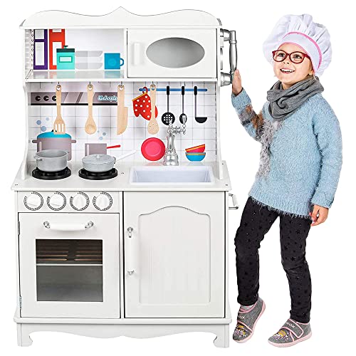 Kinderplay Grande Cocina de Madera, Cocina de Juguete de Madera - con Accesorios, luz y Sonido, de 100 cm de Altura, La Altura del Tablero al Suelo es de 50 cm, GS0052