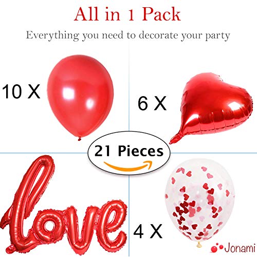 Kit Romántico de Globos, Globo Love XXL, 6 Globos Helio Corazón Rojo,4 Globos de Confeti,10 Globos de látex Decoración Romantica Día de San Valentín Bodas Nupcial Aniversario y Compromiso