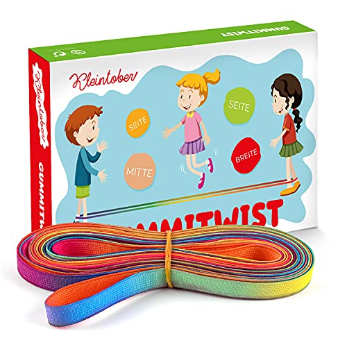 KLEINTOBER I Premium Goma elástica para niños I Twister I Juguete para interior y exterior I Banda arcoíris I con instrucciones para juegos I para niñas y niños I Ideal para regalos