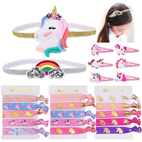 Konsait Unicornio Lazo de Pelo Elástico Banda, Horquillas De Pelo Clips, Vendas del Unicornio y Arco Iris para Bebé niños niñas Fiestas Infantiles Unicornio cumpleaños de Regalo piñata (23 Piezas)