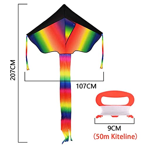 Koogel Dragón arcoíris para niños y adultos, con cola larga y 50 m de cuerda de cometa, 120 x 60 cm