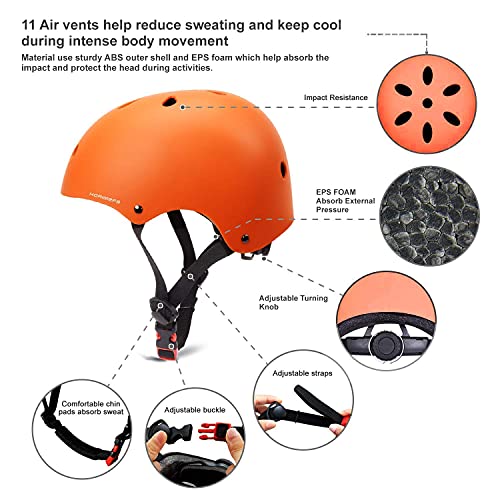 KORIMEFA Casco Infantil Equipo de Protección Patinete con Casco Adjustable certificación CE Rodilleras Coderas para Bicicleta Monopatín y Deportes Extremoscon de 3 a 13 años (m, Naranja)