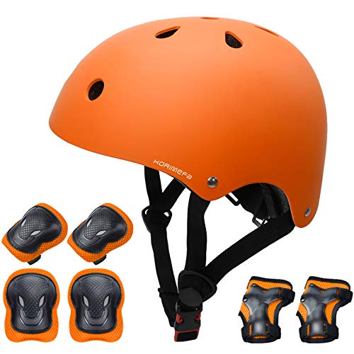 KORIMEFA Casco Infantil Equipo de Protección Patinete con Casco Adjustable certificación CE Rodilleras Coderas para Bicicleta Monopatín y Deportes Extremoscon de 3 a 13 años (m, Naranja)