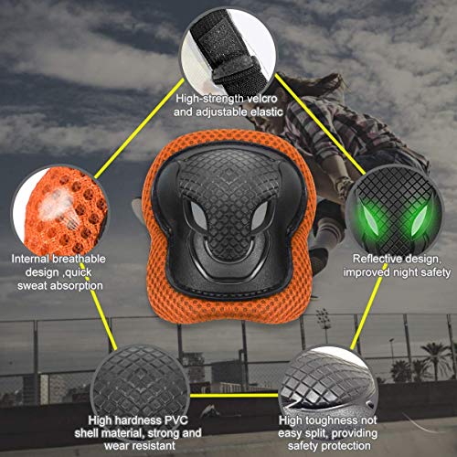 KORIMEFA Casco Infantil Equipo de Protección Patinete con Casco Adjustable certificación CE Rodilleras Coderas para Bicicleta Monopatín y Deportes Extremoscon de 3 a 13 años (m, Naranja)