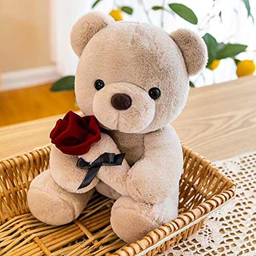 LAARNT Juguetes De Peluche Felpa Rellena Osito Sosteniendo Una Rosa Almohada De Felpa Osito 3D Cojín Suave Juguetes Divertidos Regalo De Cumpleaños Decoración Hogareña 25CM