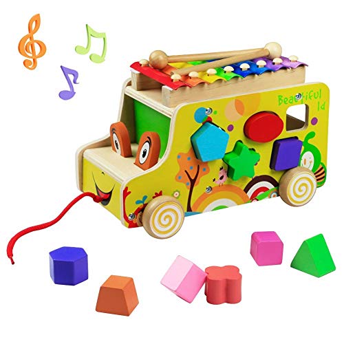 Lalia Juguete de Madera Arrastre Coche xilófono Perro Juguete motorizado Animal Colorido, de motorizado Regalo, Juguete Colorido 3+ niños pequeños Cubos motorizados 12x25x15cm