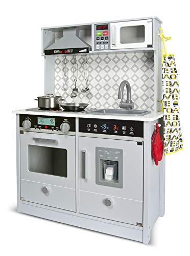 Leomark Grey Modern Cocina eléctrica Madera Infantil con Accesorios: Campana Extractora, microondas, cubitera - Color GRIS- Juguete para Niños Efectos de Sonido de iluminación Dim: 65x30x94 (altura)cm