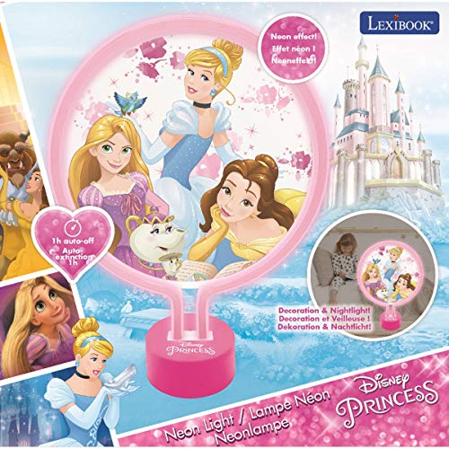 LEXIBOOK Disney Princesas-Lámpara de Neón, luz Nocturna para Las niñas admiradoras de Bella, Rapunzel y Cenicienta-L Cenicienta-LTP100DP, Color Rosa