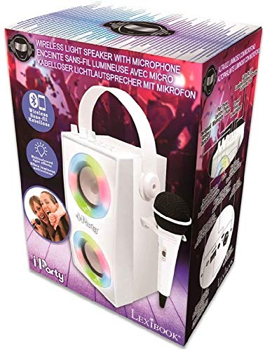 LEXIBOOK- iParty-Altavoz portátil Bluetooth micrófono, Efectos de luz, Karaoke, inalámbrico, USB, Tarjeta SD, batería Recargable, Blanco, Color