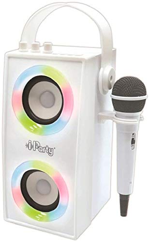 LEXIBOOK- iParty-Altavoz portátil Bluetooth micrófono, Efectos de luz, Karaoke, inalámbrico, USB, Tarjeta SD, batería Recargable, Blanco, Color